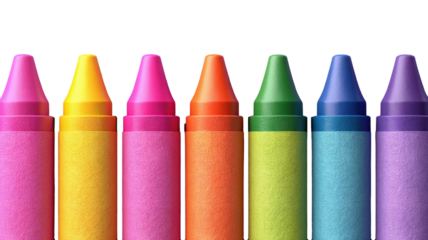 Colorful crayons arranged in a neat row against a transparent background showcase