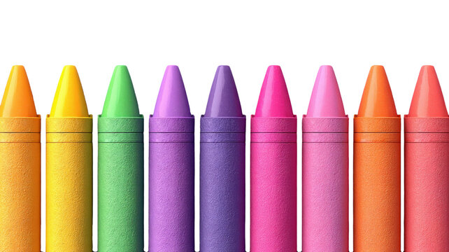 Vibrant rainbow of crayons arranged in a neat row, isolated on transparent background