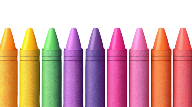 Vibrant rainbow of crayons arranged in a neat row, isolated on transparent background