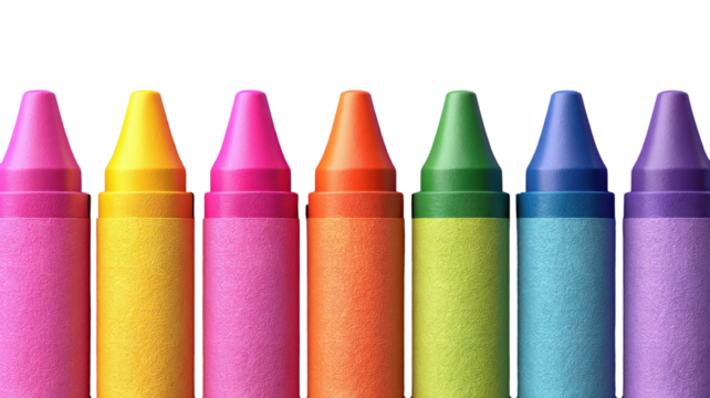 Colorful crayons arranged in a neat row against a transparent background showcase