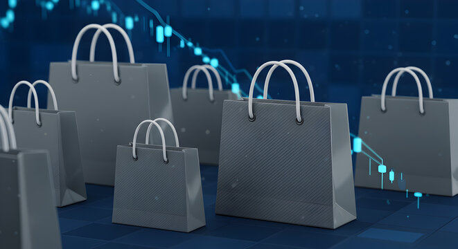 Assorted Gray Shopping Bags on Blue with Faint Financial Graph in the Background Representing Shopping and Finance