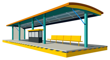 A colorful, modern train or bus station platform with a canopy, seating, and a small booth, symbolizing public transport, waiting areas, and urban infrastructure.