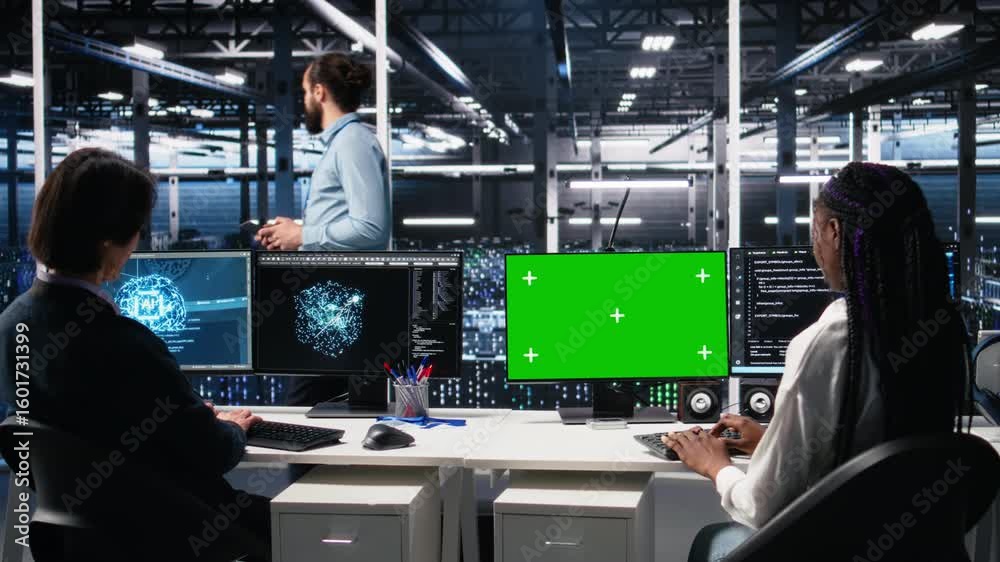 Poster female technician and coworker in data center review ai diagnostics on isolated screen pc. it expert