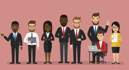 Vector illustration of a diverse group of business professionals standing together on a solid background, wearing formal business attire, male and female characters, different ethnicities, team concep