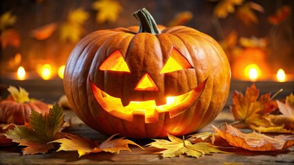 Photo of a carved halloween pumpkin with a glowing face sits on a wooden surface surrounded by colorful autumn leaves and flickering candles