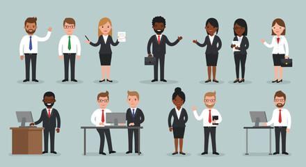 Vector illustration of a diverse group of business professionals standing together on a solid background, wearing formal business attire, male and female characters, different ethnicities, team concep