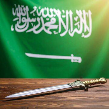 Saudi Arabian sword janbiya with ornate handle placed on a wooden table