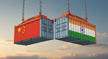 China and India Trade Container Depicting International Economic Relations Hanging on Chains with a Cloudy Sky