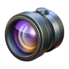 Close up of a camera lens with purple and orange reflections isolated on transparent background