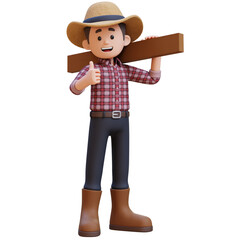 3D male farmer character gives a thumbs up while working carrying wood.