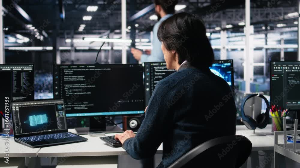Poster admin in high tech data center coding with machine learning generative ai assistant. worker using ar