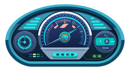 A stylized blue and teal car dashboard with various gauges and indicators, symbolizing vehicle performance, speed, and modern automotive technology.