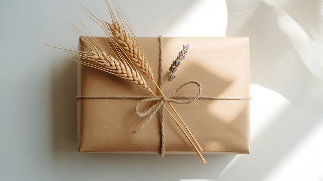 Brown paper wrapped package with wheat and lavender image