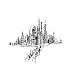 Sketch of a futuristic city skyline with tall buildings and a train track leading into the urban center