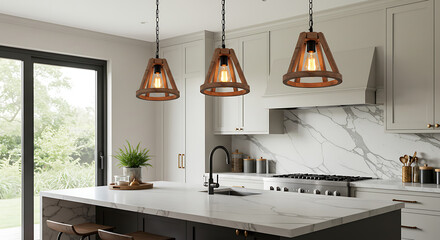 Elegant modern kitchen design with rustic wooden pendant lights hanging over a white marble island.
