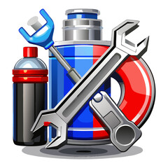 A collection of car maintenance tools and fluids, including wrenches, oil cans, and a filter, symbolizing vehicle repair, service, and automotive care.
