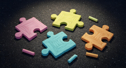 Obraz premium Colorful Puzzle Pieces Scattered on Dark Speckled Surface Highlighting Connection and Strategy in a Creative