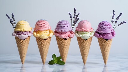 Colorful ice cream cones with lavender and mint image