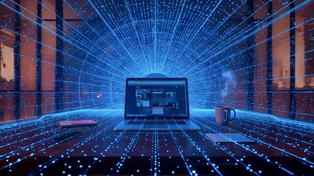 Futuristic workspace with glowing data streams surrounding a laptop, coffee cup, and a notepad