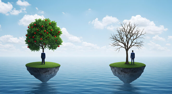 Conceptual Islands with Green Tree with Apples and Barren Tree with Two Businessmen in Suits Under Blue Sky