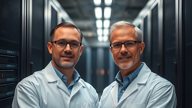 Two technicians working in a data center with server racks softly blurred behind them.