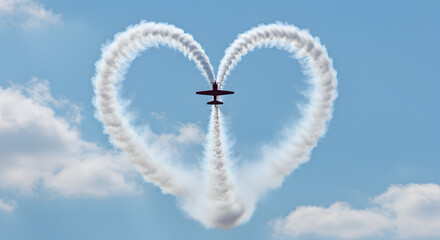 Fototapeta premium Crimson Airplane Drawing a Heart with Smoke Trails in Blue Sky Aerial Performance