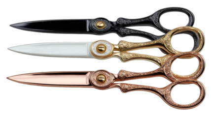 Elegant collection of ornate scissors in black gold and rose gold on transparent background