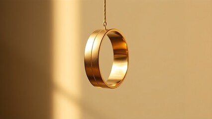 Three golden wedding bands hanging vertically with soft light highlighting their shine.