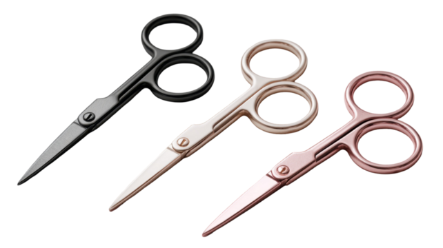 Elegant manicure scissors in gold, silver and black on a transparent background