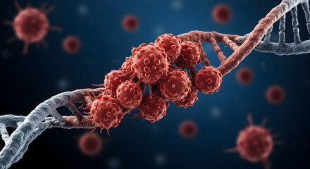 Detailed 3D Render of Red Viruses Clustered Around DNA Strand on Dark Blue Background