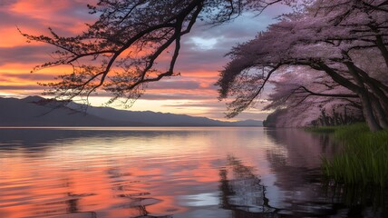 Stunning cherry blossom trees reflected in serene lake at sunset, a peaceful landscape for branding