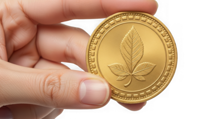 Hand holding golden leaf coin isolated on transparent background
