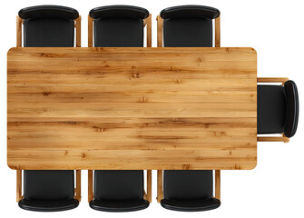 Overhead view of a light brown wooden conference table with black chairs
