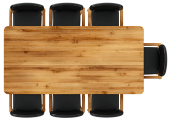 Overhead view of a light brown wooden conference table with black chairs