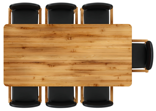Overhead view of a light brown wooden conference table with black chairs