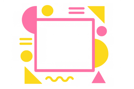 Pink frame featuring memphis-style geometric shapes in vibrant pink and yellow hues, set against a transparent background for modern appeal