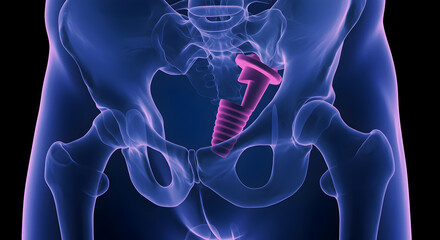 Detailed Transparent Blue Pelvis with Magenta Surgical Implant in the Hip Joint