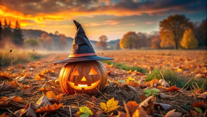 Photo of a grinning jackolantern wearing a witch hat sits among fallen leaves at sunset