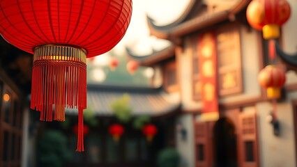Vibrant red lantern with golden tassels against blurred courtyard, glowing with festive national symbolism.