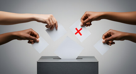 Diverse Hands Casting Ballots into a Metal Voting Box on Gray Backdrop for Election Process