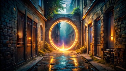 Photo of a glowing magical portal in the shape of a ring illuminates a dark wet urban alleyway