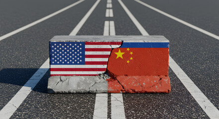 Divided Usa and China Flags Painted on Concrete Block Halting Trade on Asphalt Road Symbolizing Political Conflict