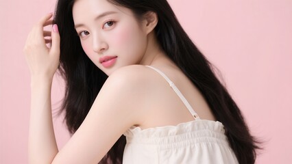 Naklejka premium ピンク背景で髪に触れる黒髪の女性