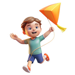 Joyful cartoon boy running with an orange kite on a sunny day isolated on transparent background