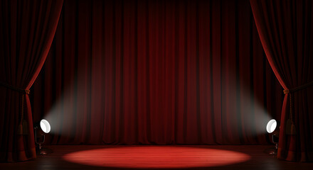 Dramatic Red Velvet Stage Curtain Lit by Spotlights on Wooden Stage Floor