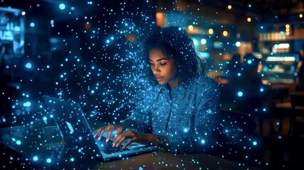Woman working on a laptop in a cozy café surrounded by glowing digital particles representing creativity - Powered by Adobe