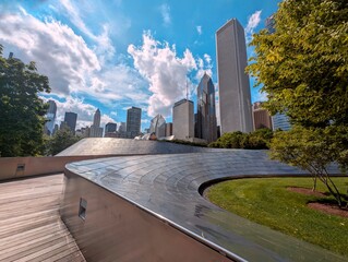 Modern Walkway and City Skyline in Millennium Park, Chicago