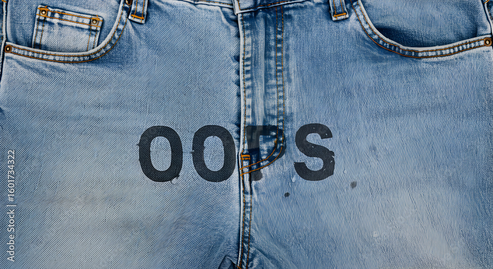 Fototapete faded blue jeans with distressed pattern and the text oops printed on the denim fabric close up text
