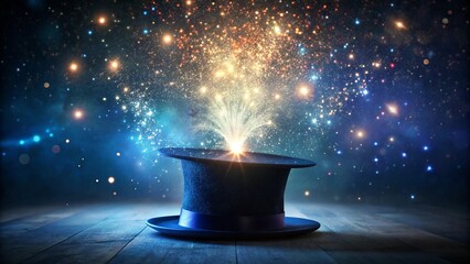 Photo of a black top hat bursts with magical sparks and starlight creating a dazzling display of wonder