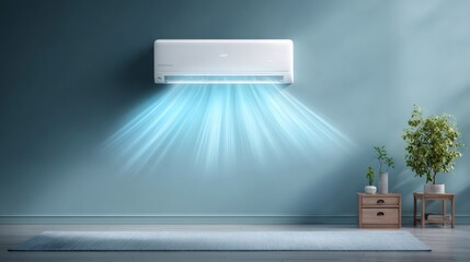 Air conditioner in room with cool air coming out. Modern split system for home temperature control, installation and maintenance of air cooling system.